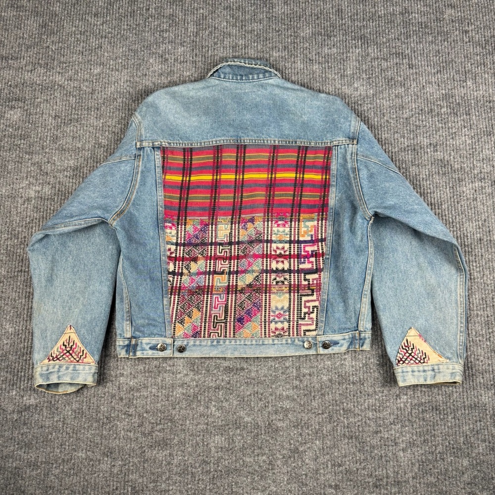 Vtg CULTURE on denim Jean Trucker Jacket Womens M Guatemalan Woven Textile Boho - Picture 3 of 16